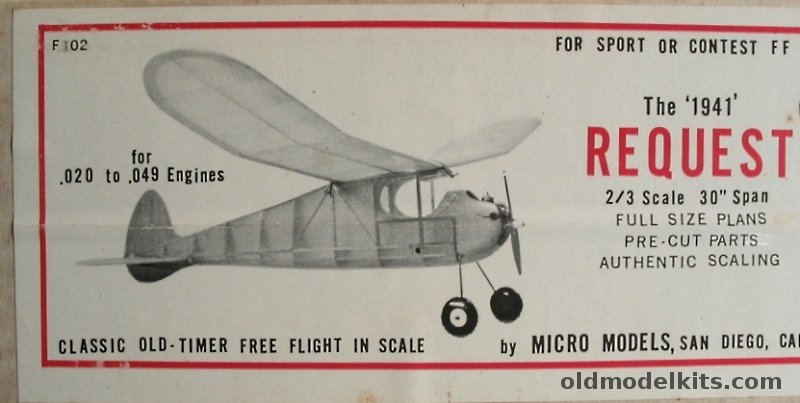 Micro Models 2/3 The 1941 Request (Reproduction) - 30 inch Wingspan For R/C or Free Flight, F102 plastic model kit